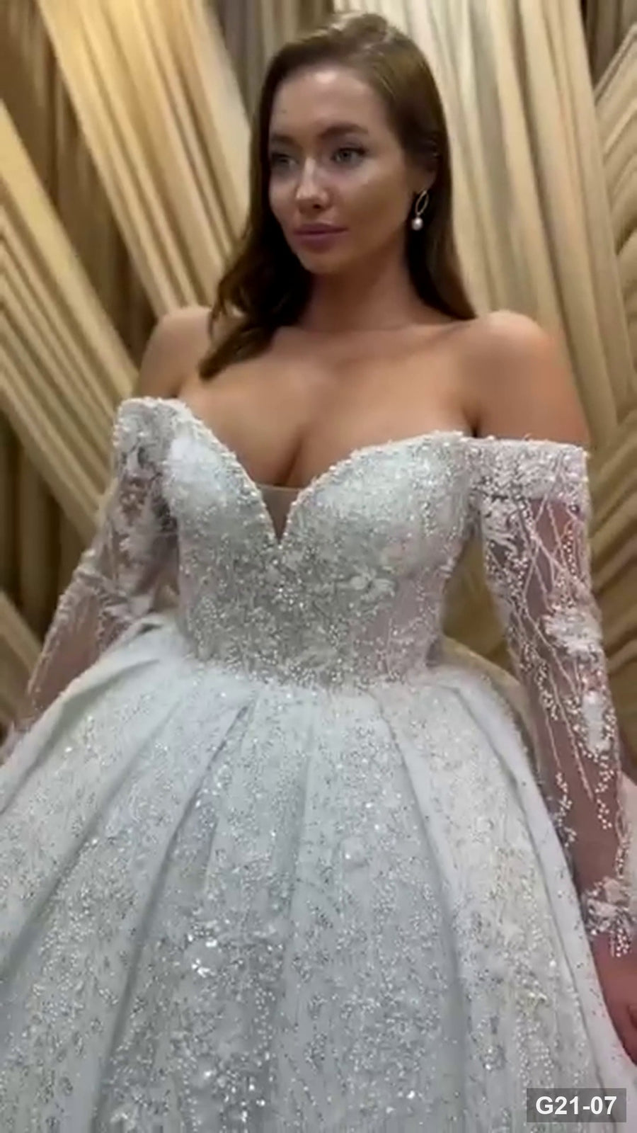 G21-007 marfil Vestido de gala encaje vestido de novia con Off-Shoulder y Chapel cola