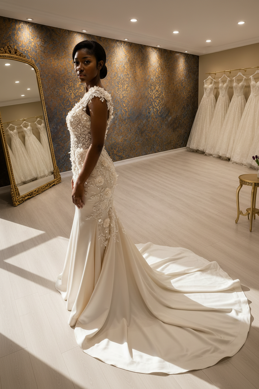 G21-200 Wedding Dress A-Line Champagne Satin V-Neck Sleeveless Beaded Bodice 3D Floral Applique Cathedral Bridal Gown