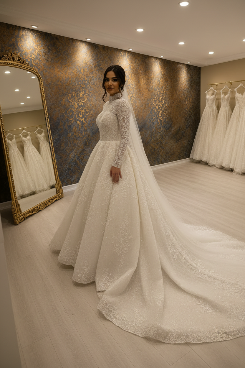 G21-244 Wedding Dress Ball Gown Ivory Lace High Neck Long Sleeve Lace Applique Bodice Chapel Train Modest Bridal Gown