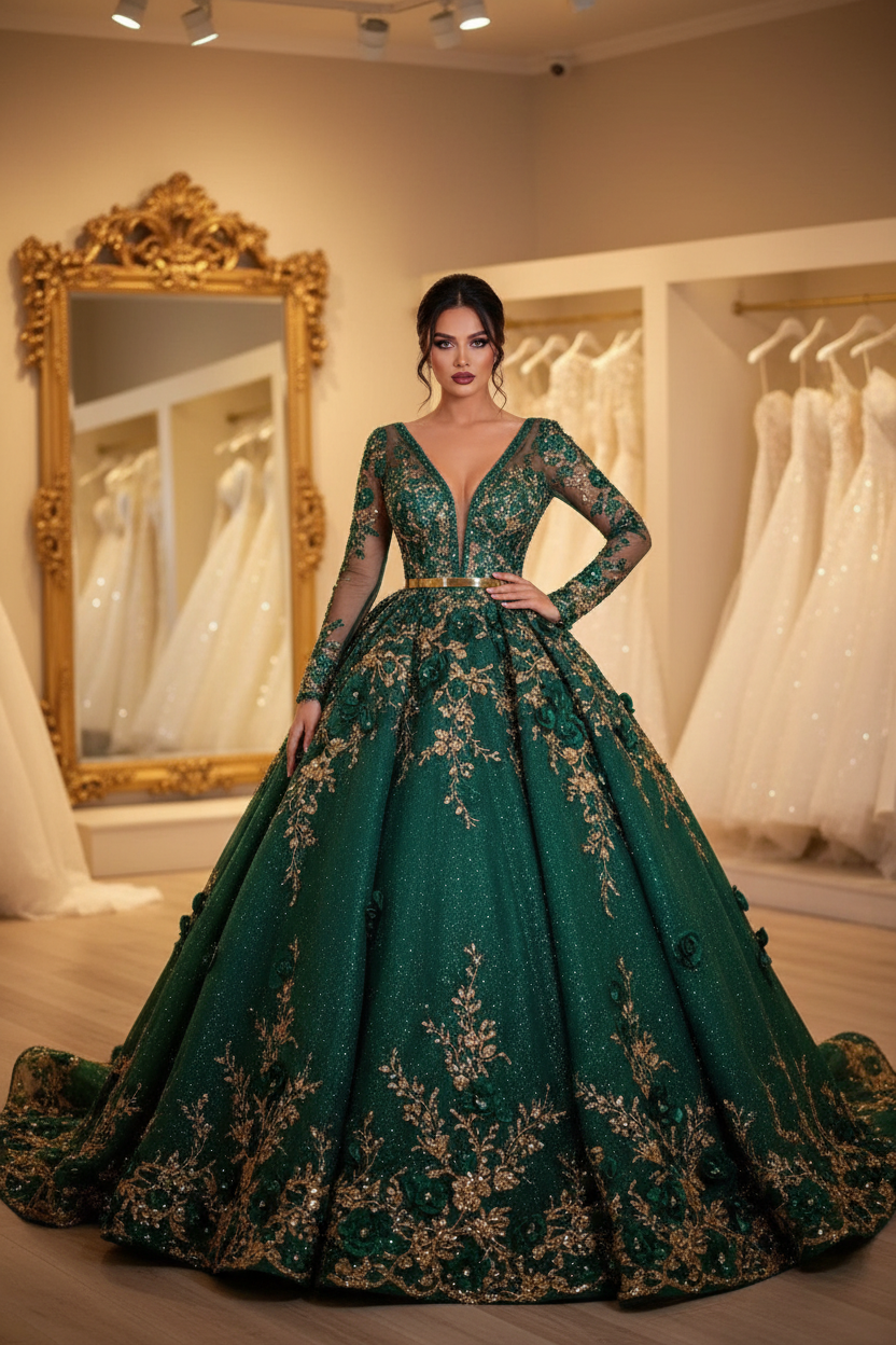 G21-NS-003 Emerald Green Gold Crystal A-Line Engagement Dress — Front View