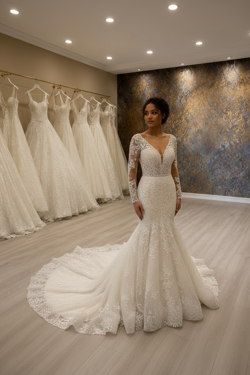G21-010 Ivory Mermaid Fit & Flare Wedding Dress — Main Storefront View