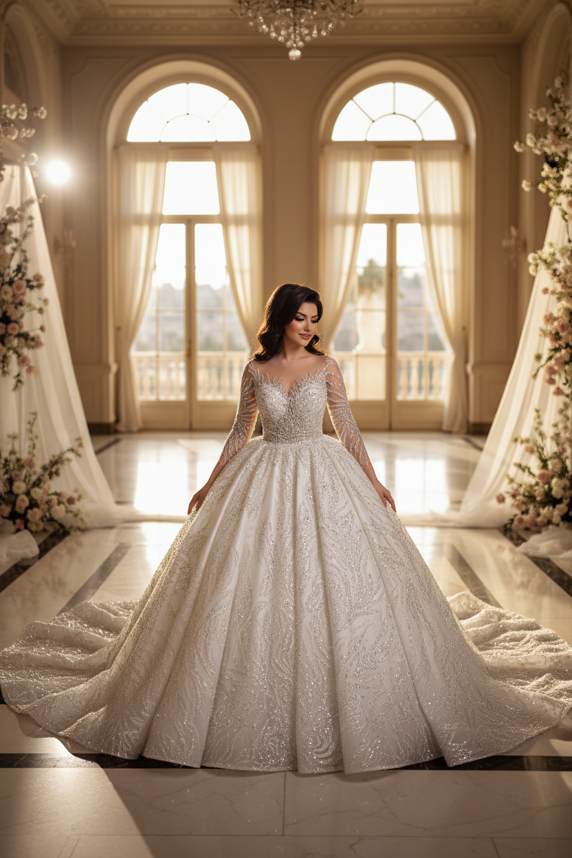 G21-100 Champagne Princess Lace Bridal Gown with Sweetheart Neckline and Cathedral Train