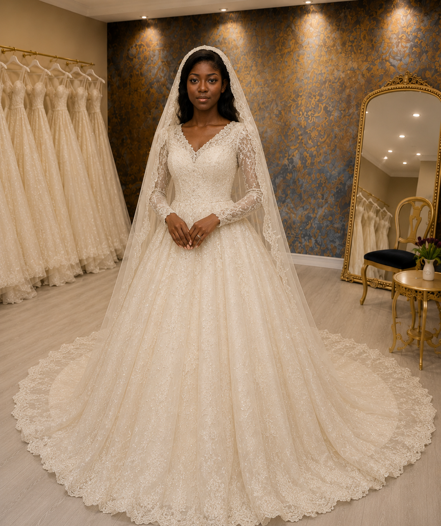 NIL-082 Yumuşak Fildişi Balo Tipi Gelinlik Dantel Tül Askısız Kalp Yaka Şeffaf Dantel Korse Gövde Kristal Beaded Korseli Bel Katedral Kuyruk Lüks Couture Dubai Körfez Ön Görünüm