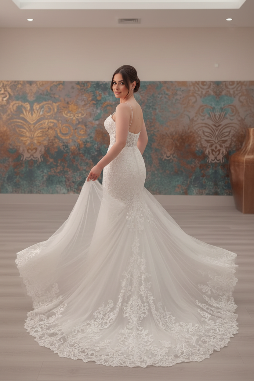 G21-104 A-Line Floral Lace Bridal Gown with Sweetheart Neckline and Cathedral Train