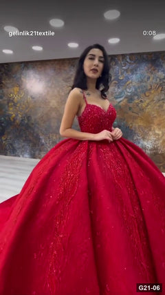 G21-006 Crimson Red Ball Gown Engagement Dress Main Clean Frame