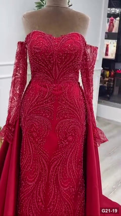 G21-019 Crimson Red Ball Gown Engagement Dress Main Clean Frame