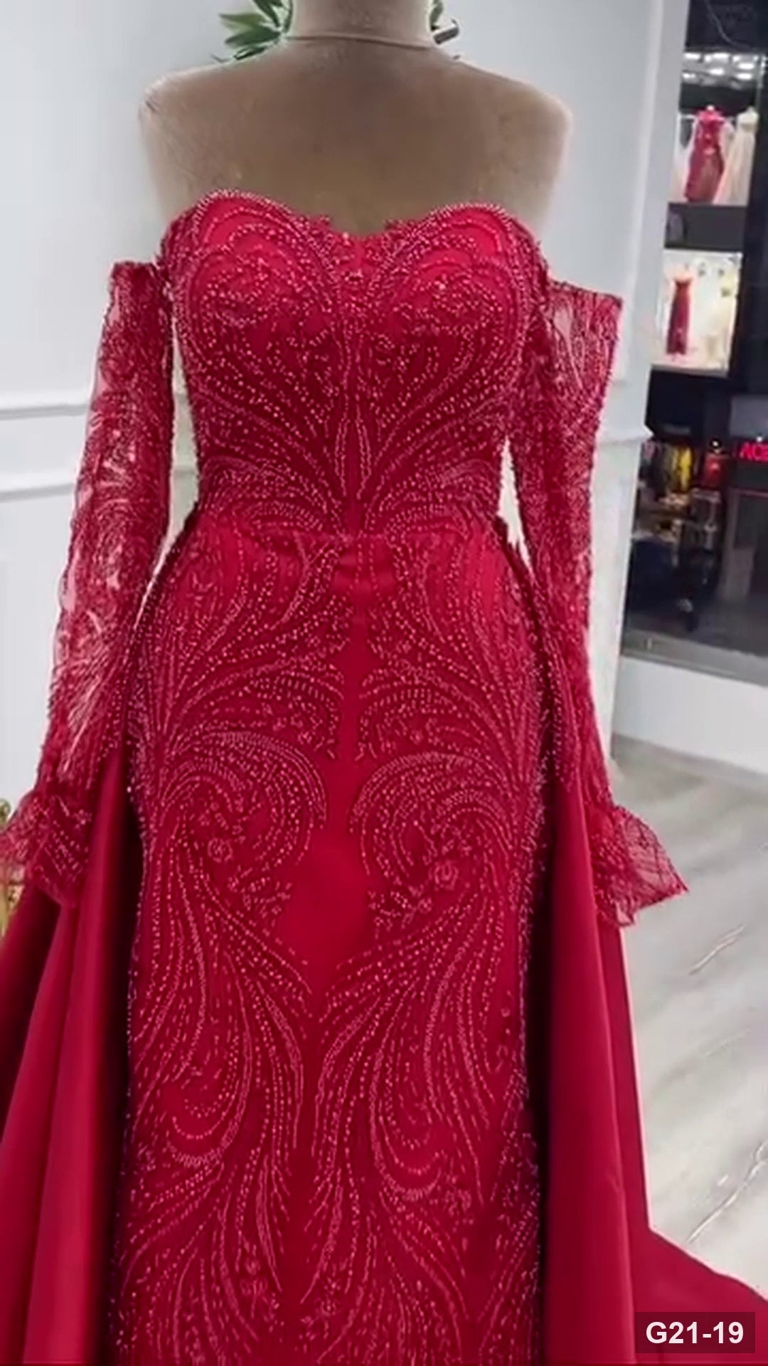 G21-019 Crimson Red Ball Gown Engagement Dress Main Clean Frame