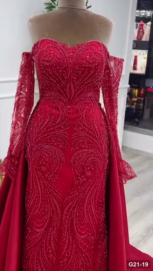 G21-019 Crimson Red Ball Gown Engagement Dress Main Clean Frame