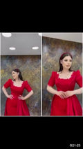 G21-023 Crimson Red Ball Gown Engagement Dress Main Clean Frame
