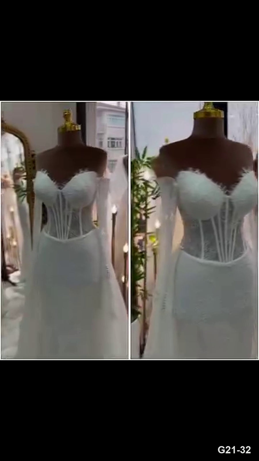 G21-032 marfil A-Line encaje vestido de novia y Chapel cola
