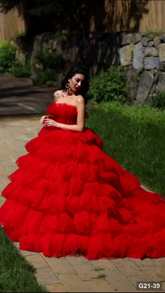 G21-039 Crimson Red Ball Gown Engagement Dress Main Clean Frame