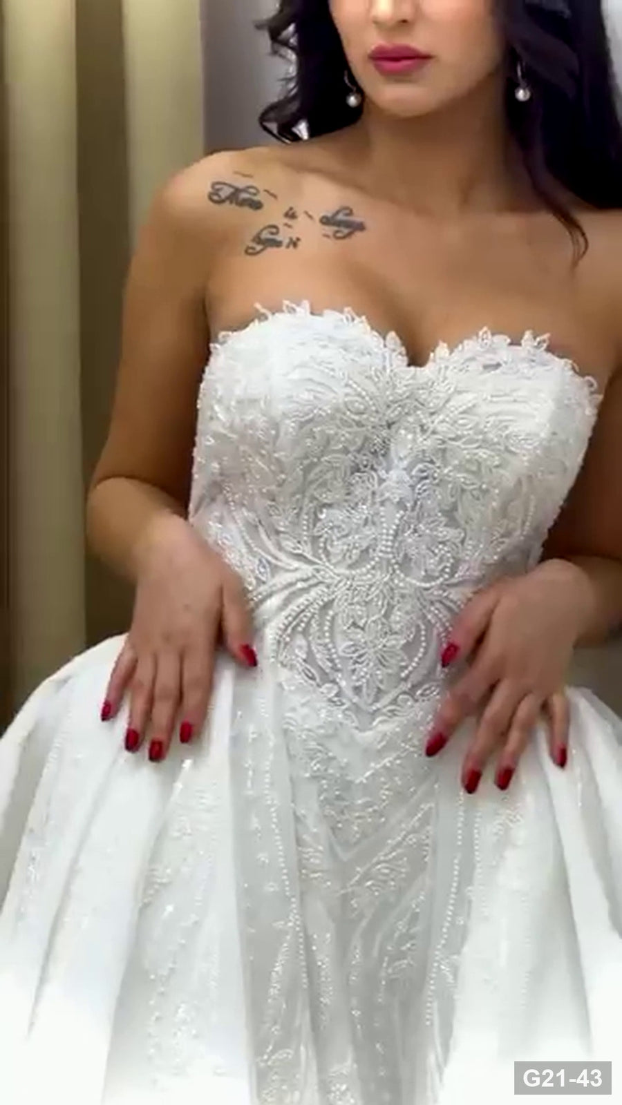 G21-043 marfil Vestido de gala encaje vestido de novia con Strapless Sweetheart y Chapel cola