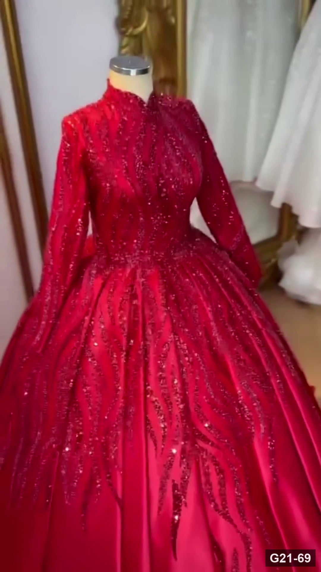 G21-069 Crimson Red Ball Gown Engagement Dress Main Clean Frame
