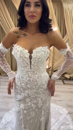 G21-081A - Champagne Beaded Lace Ball Gown Wedding Dress - Gelinlik21