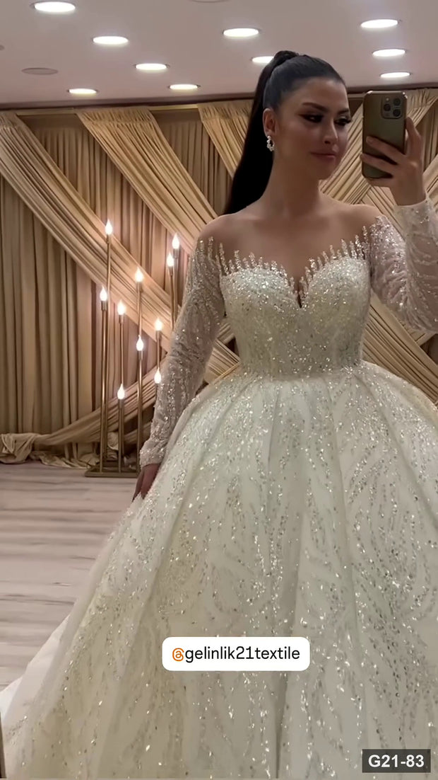 G21-083 Ivory Ball Gown Lace Wedding Dress and Chapel Train - cinematic