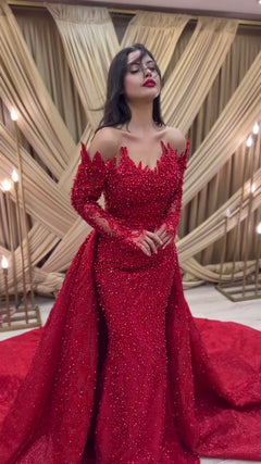 G21-090A - Crimson Beaded Lace Ball Gown Wedding Dress - Gelinlik21