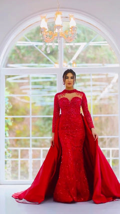 G21-118A - Crimson Beaded Lace Ball Gown Wedding Dress - Gelinlik21