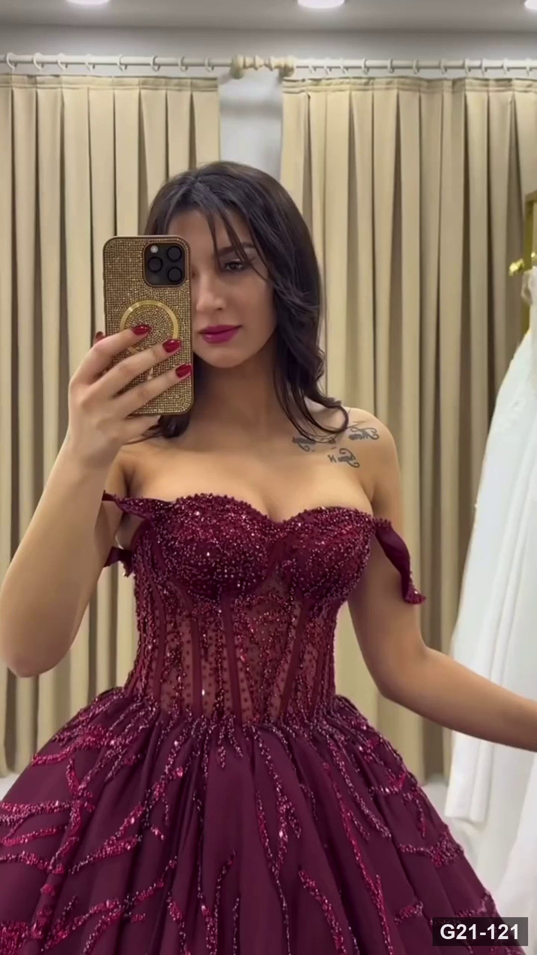 G21-121 Burgundy Ball Gown Engagement Dress Main Clean Frame