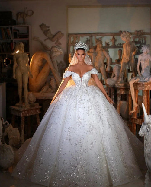 أوف وايت Ivory فستان زفاف أميرة منفوش فاخر فستان عروس مع Glitter تول, ياقة على شكل قلب, Off Shoulder كم و ذيل كاتدرائي – NIL فستان زفاف