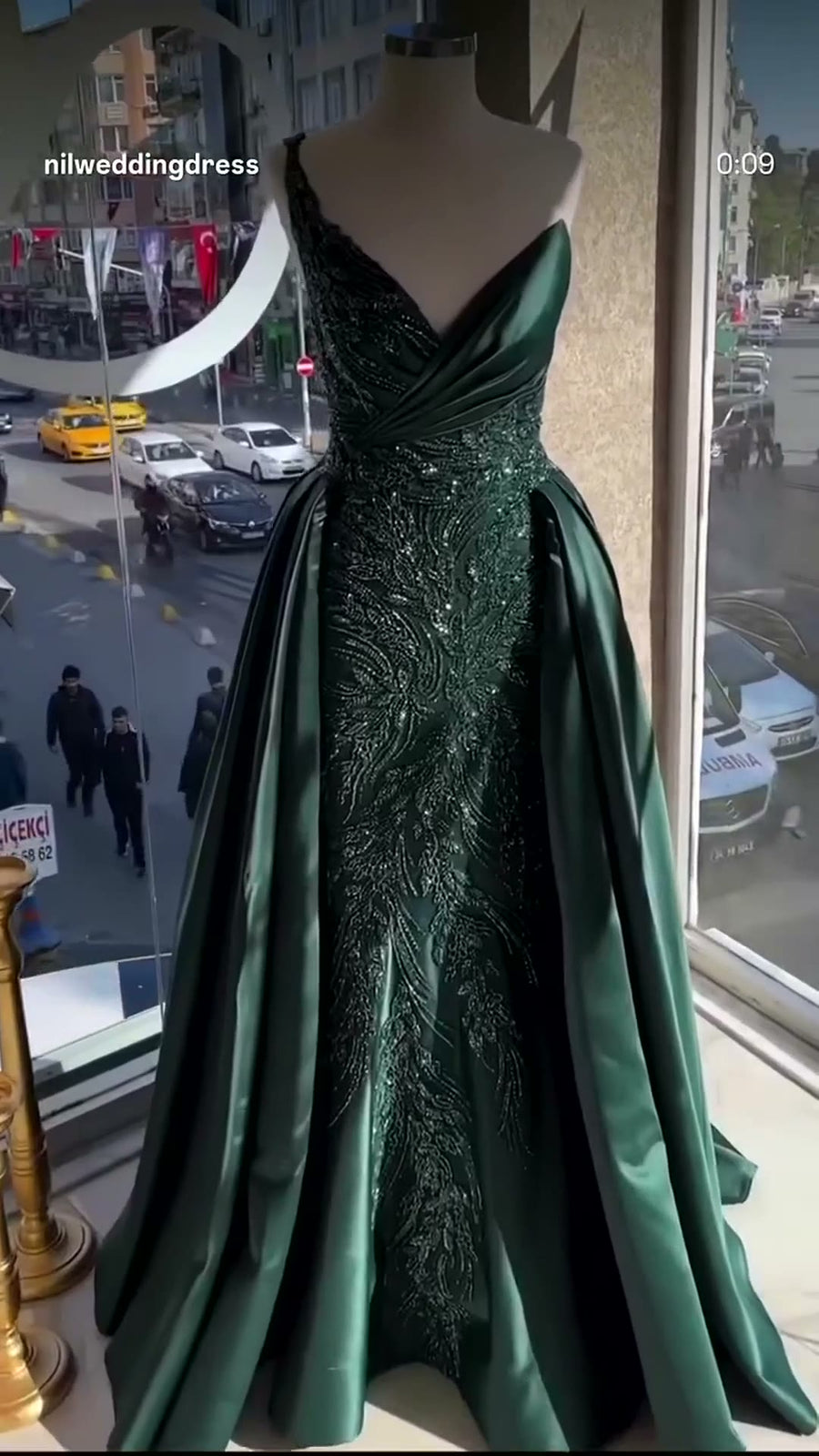G21-NS-306 Emerald A-Line Sequin Beaded Satin Engagement Dress