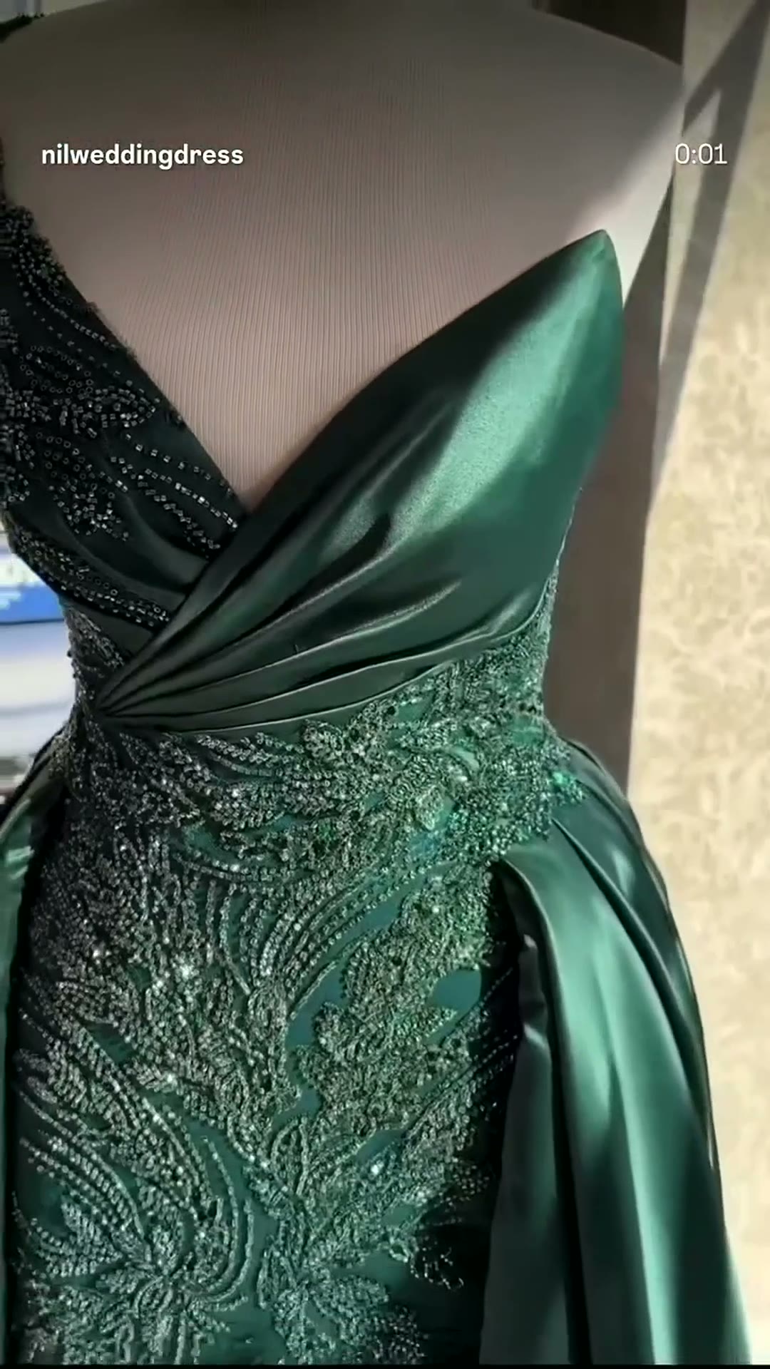 NIL 306 Emerald A-Line Sequin Beaded Satin Engagement Dress - Image 6