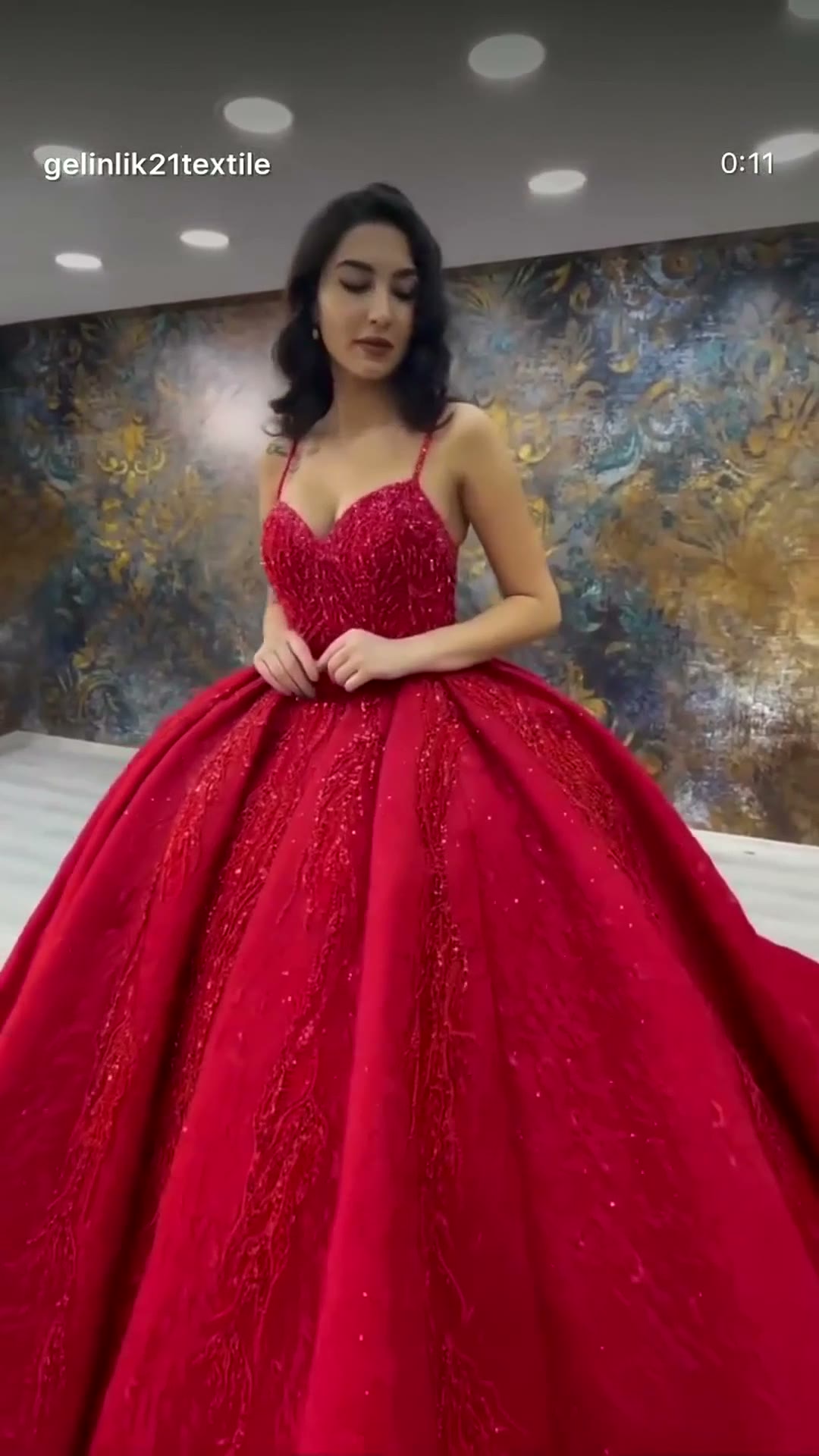 NIL 311 Red Ball Gown Beaded Satin Engagement Dress - Image 2