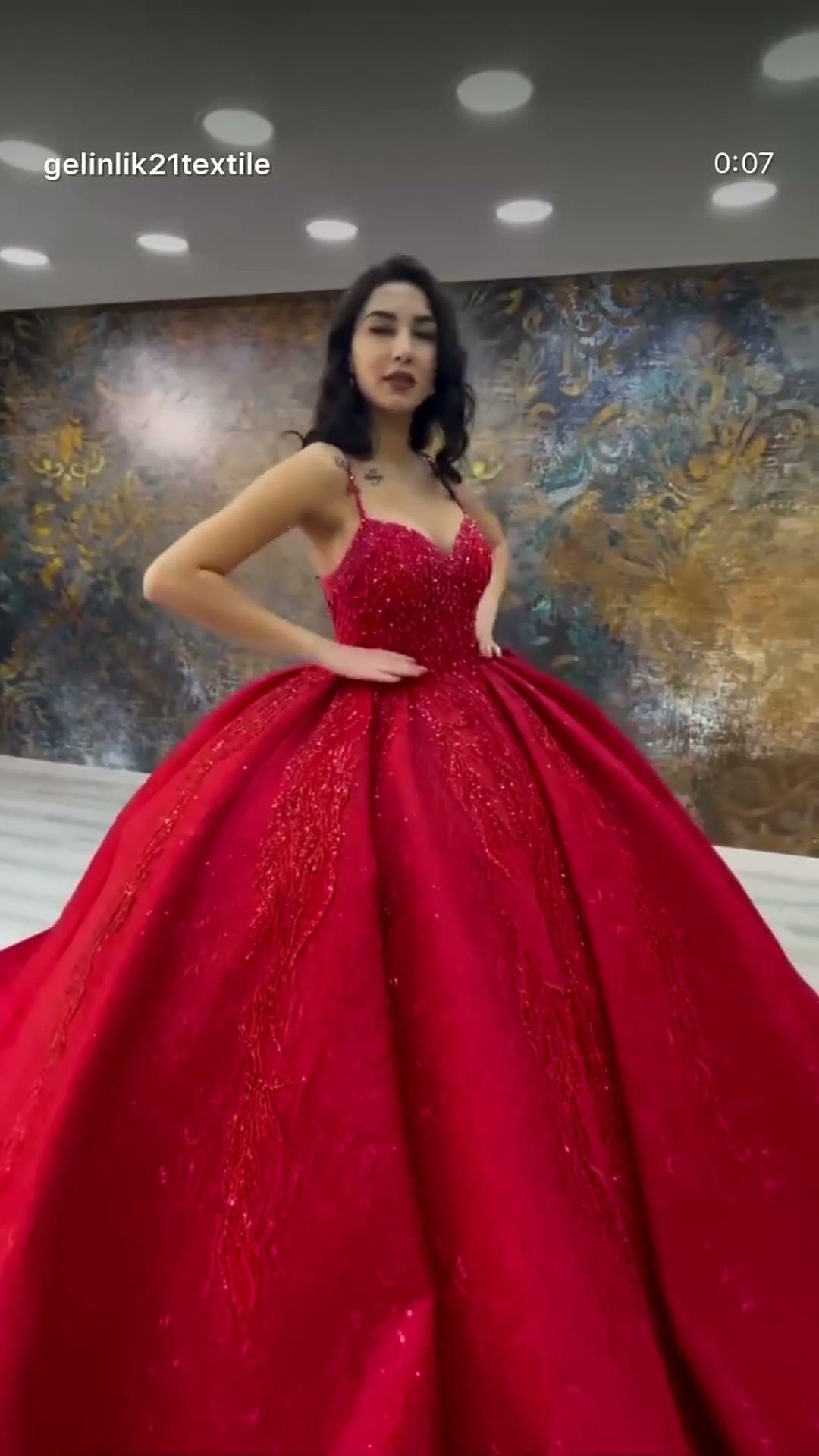 NIL 311 Red Ball Gown Beaded Satin Engagement Dress - Image 3