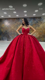 NIL 311 Red Ball Gown Beaded Satin Engagement Dress - Image 6