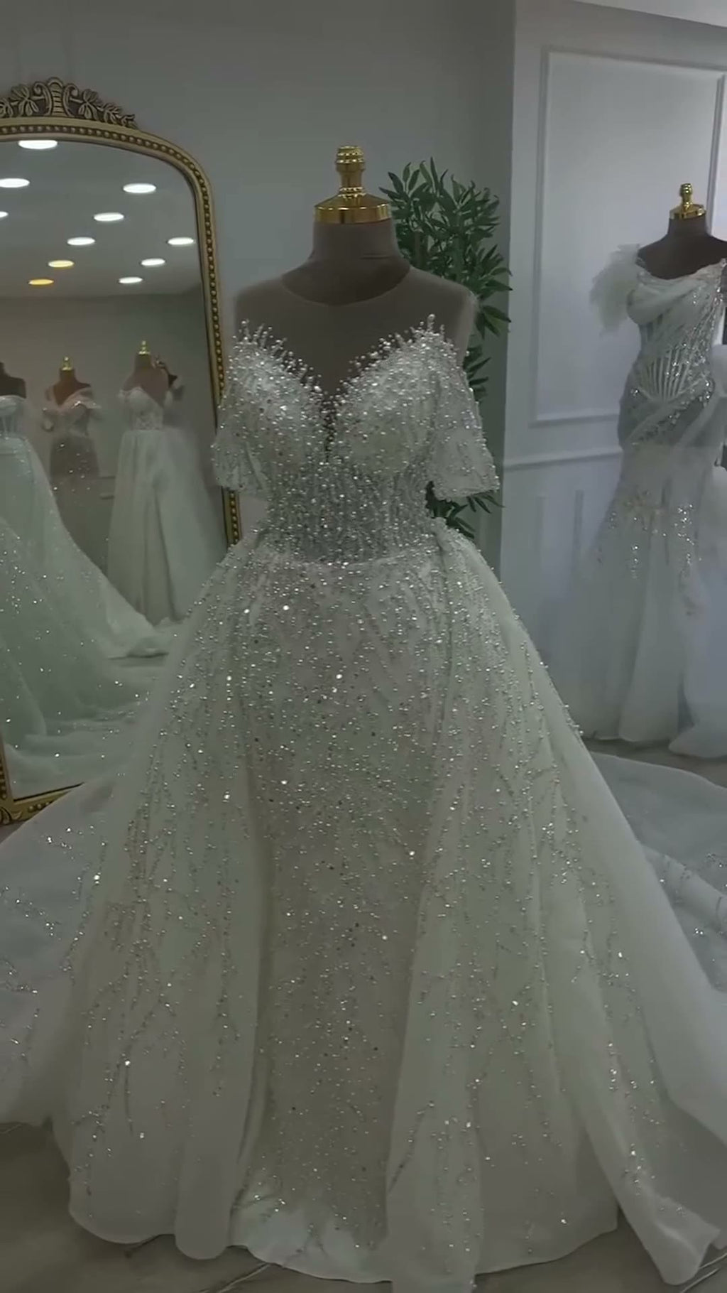 NIL 329 Ivory Ball Gown Crystal Beaded Glitter Tulle Wedding Dress - Image 4