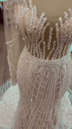 NIL 333 Ivory Ball Gown Pearl Beaded Tulle Mesh Wedding Dress - Image 2