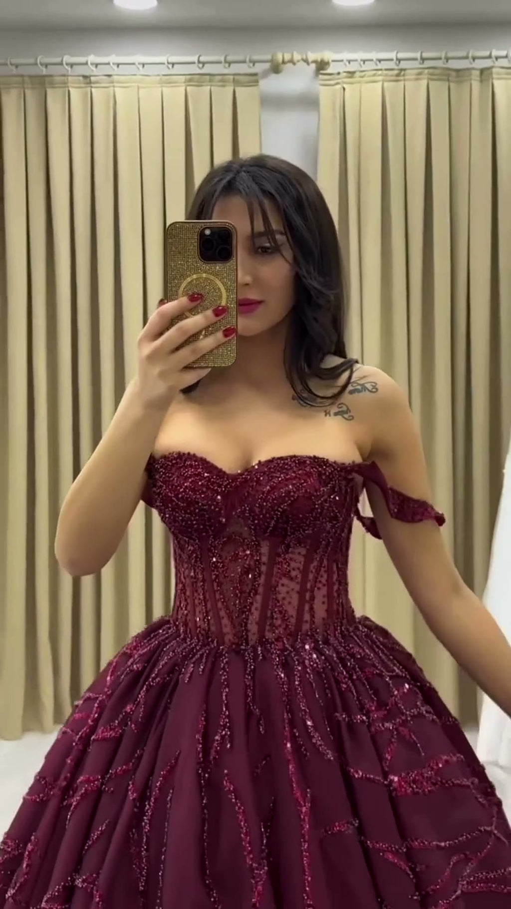 NIL 339 Burgundy Ball Gown Beaded Tulle Engagement Dress - Image 2