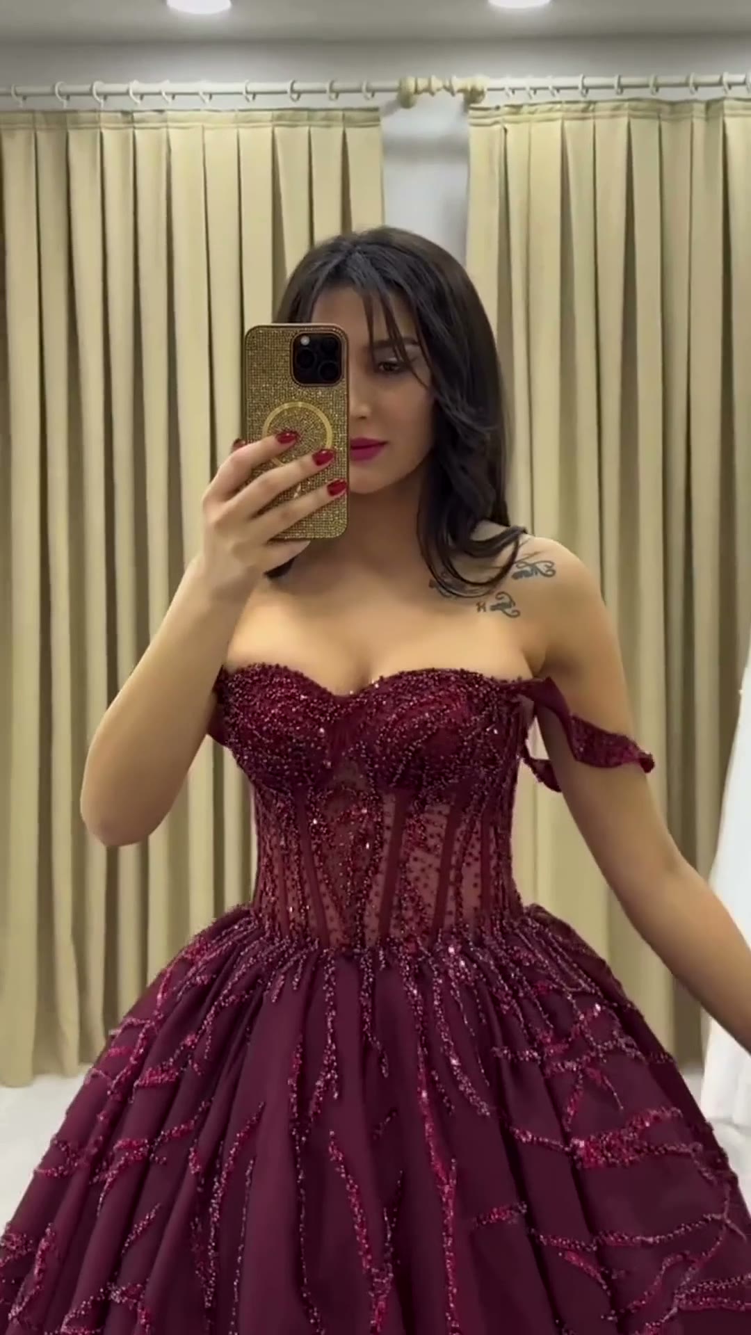 NIL 339 Burgundy Ball Gown Beaded Tulle Engagement Dress - Image 2