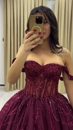 NIL 339 Burgundy Ball Gown Beaded Tulle Engagement Dress - Image 4