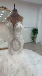 NIL 341 Ivory Ball Gown Feather Beaded Tulle Wedding Dress - Image 5