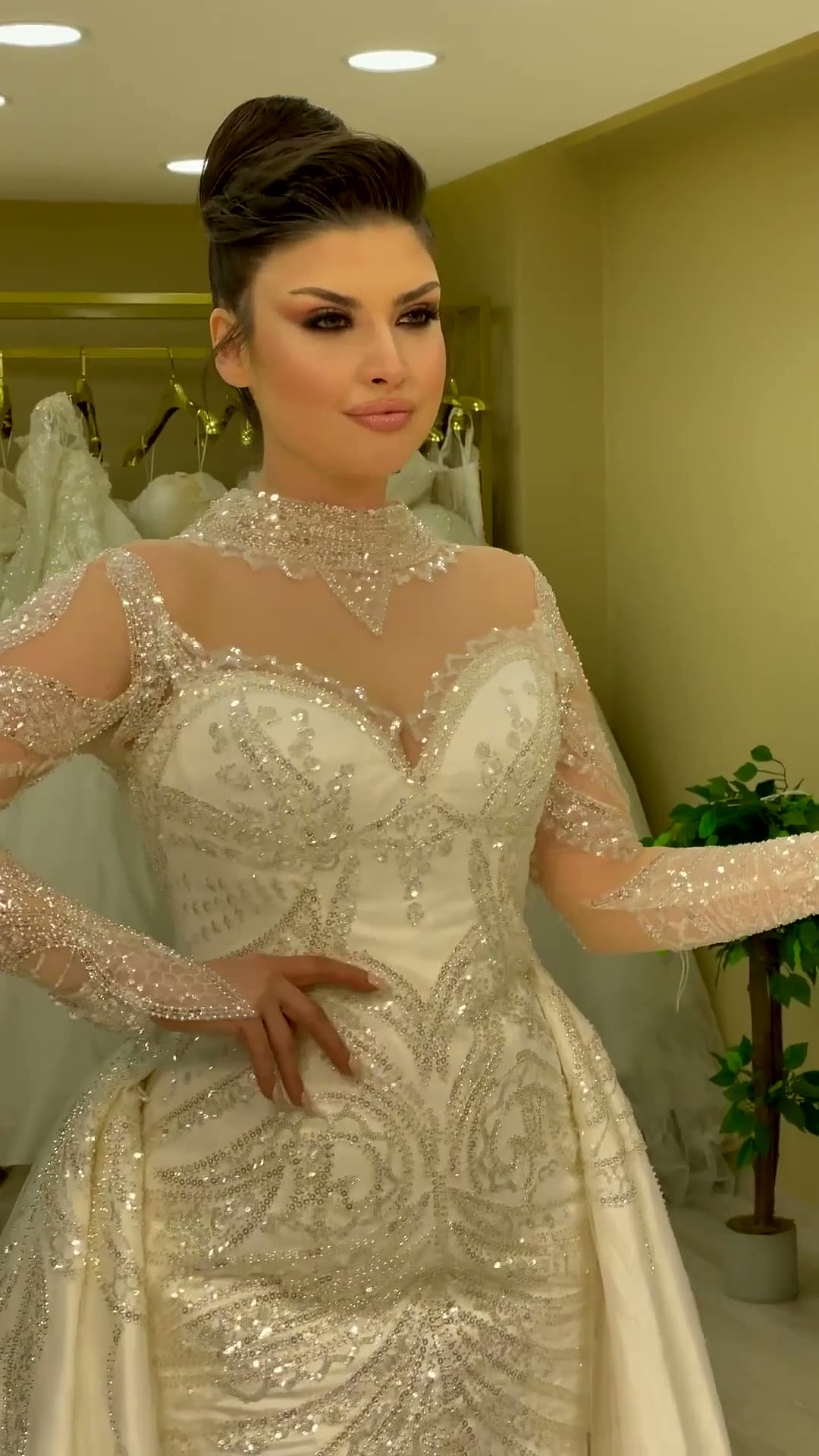 NIL 343 Champagne Mermaid Crystal Beaded Satin Lace Wedding Dress - Image 1