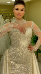 NIL 343 Champagne Mermaid Crystal Beaded Satin Lace Wedding Dress - Image 3