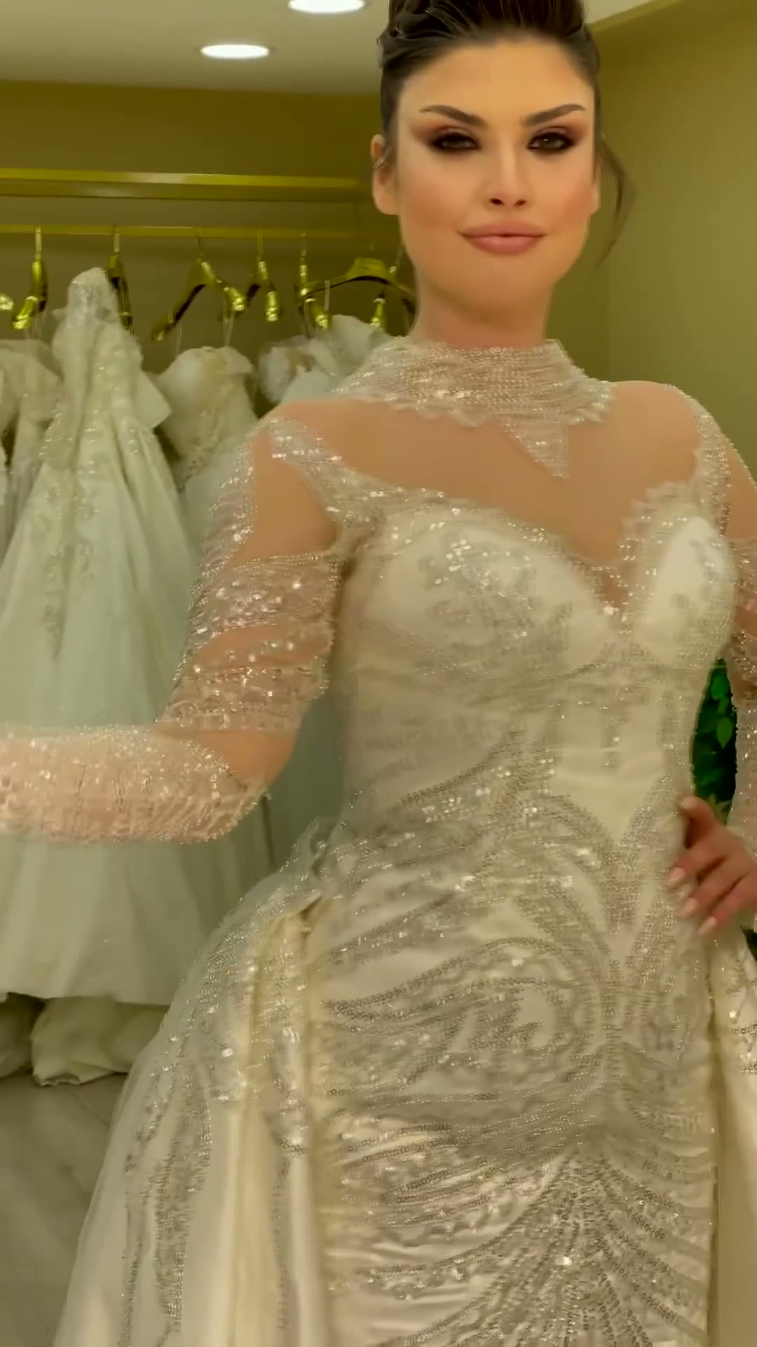 NIL 343 Champagne Mermaid Crystal Beaded Satin Lace Wedding Dress - Image 4