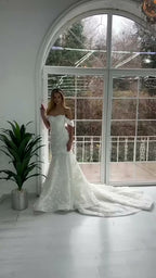 NIL 352 Ivory Mermaid Lace Applique Crepe Wedding Dress - Image 1