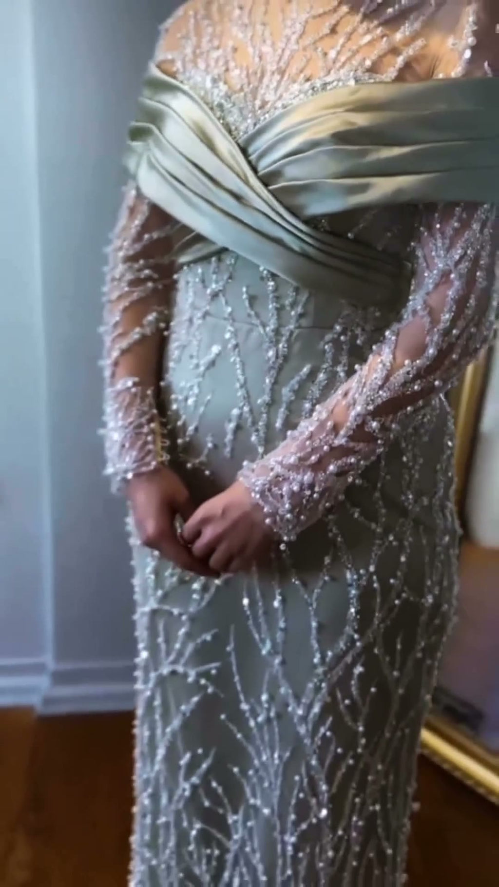 NIL 354 Silver Mermaid Pearl Beaded Tulle Engagement Dress - Image 6