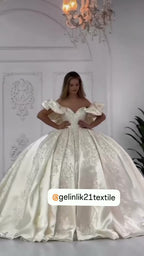 NIL 356 Ivory Ball Gown Bow Satin Satin Wedding Dress - Image 1