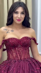 NIL 371 Burgundy Ball Gown Beaded Tulle Engagement Dress - Image 5