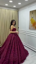 NIL 375 Burgundy Ball Gown Beaded Tulle Engagement Dress - Image 1