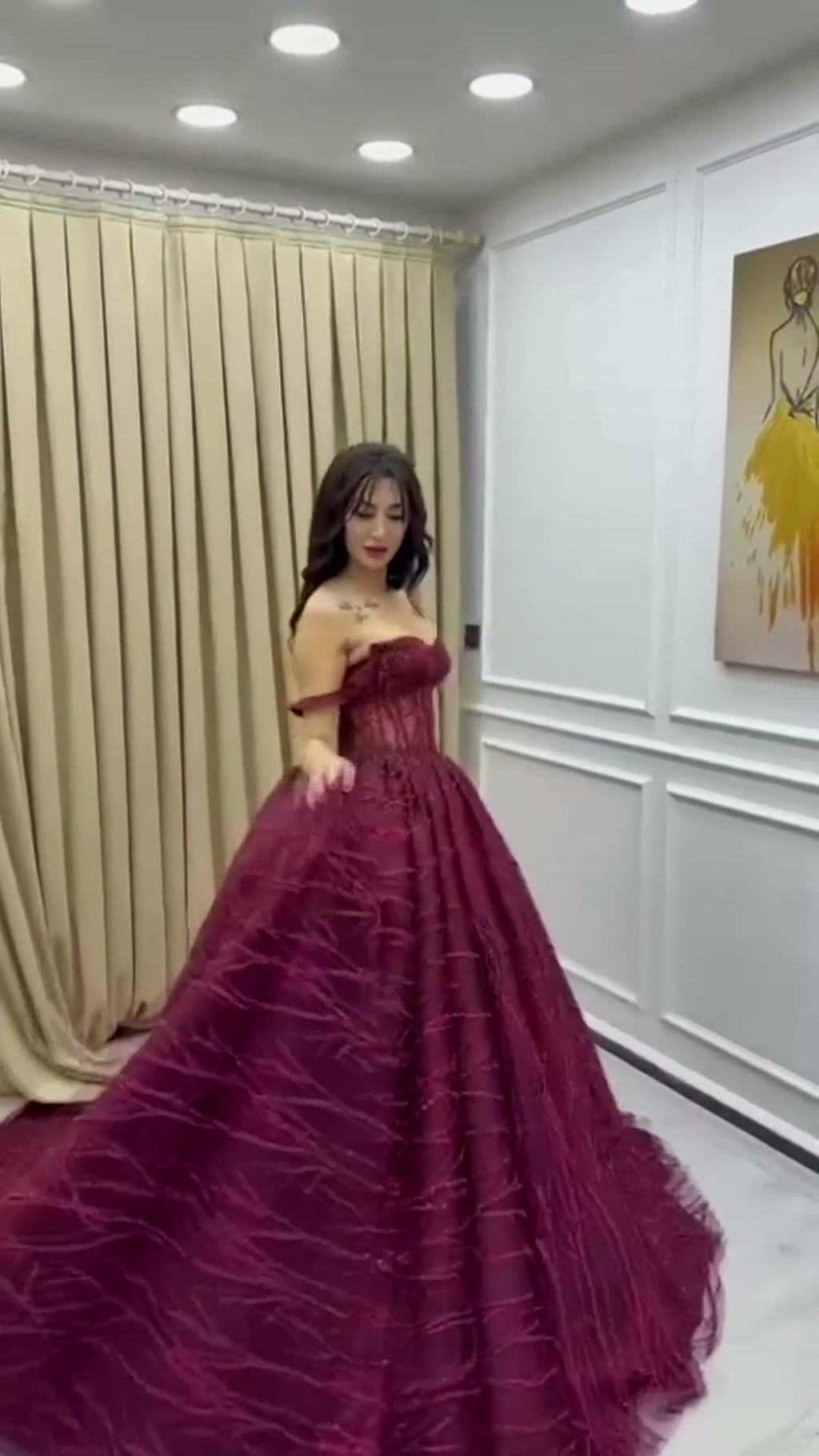 NIL 375 Burgundy Ball Gown Beaded Tulle Engagement Dress - Image 3