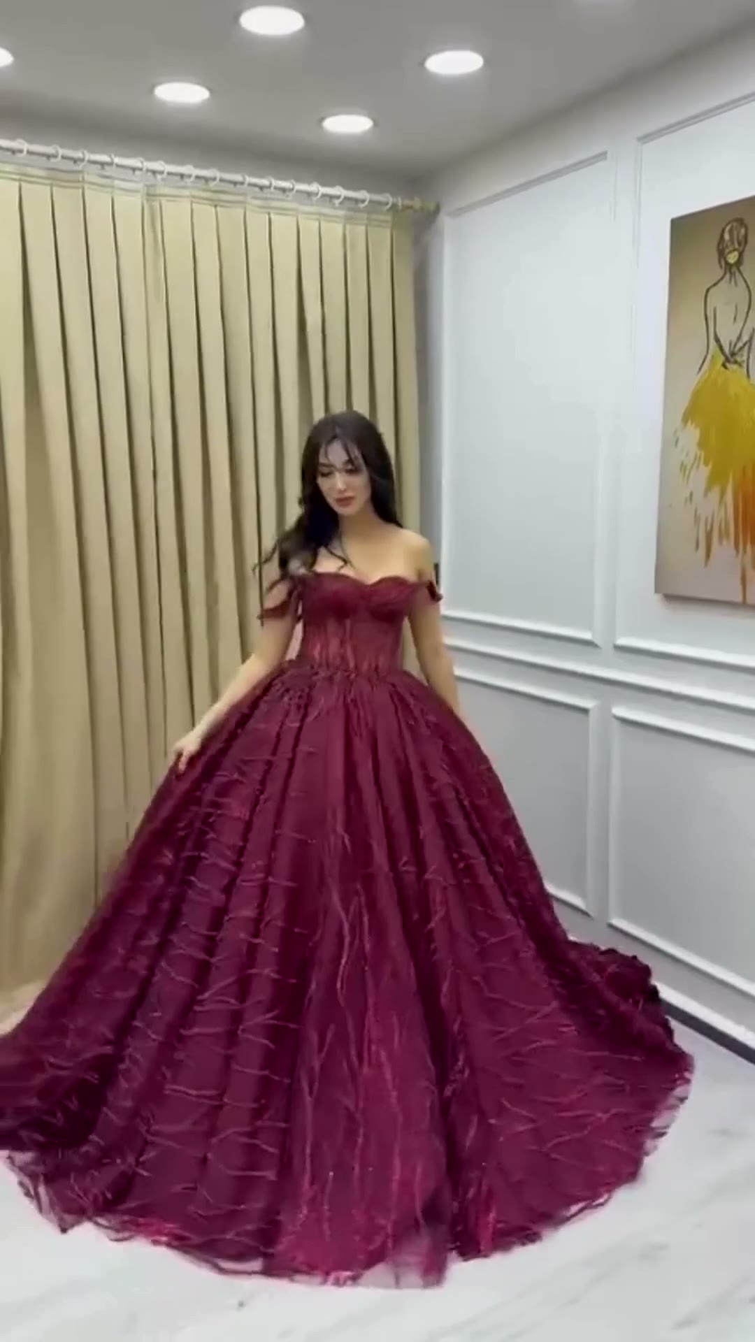 NIL 375 Burgundy Ball Gown Beaded Tulle Engagement Dress - Image 5