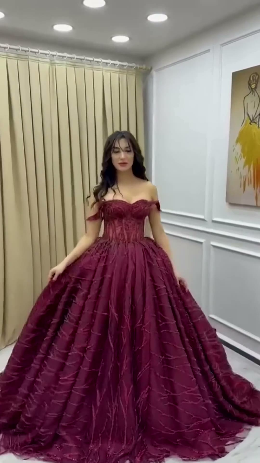 NIL 375 Burgundy Ball Gown Beaded Tulle Engagement Dress - Image 6