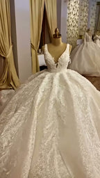 NIL 387 Ivory Ball Gown Floral Lace Mikado Wedding Dress - Image 5