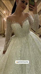 NIL 388 Ivory Ball Gown Crystal Beaded Tulle Wedding Dress - Image 6