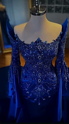 NIL 392 Royal Blue Mermaid Beaded Lace Engagement Dress - Image 1