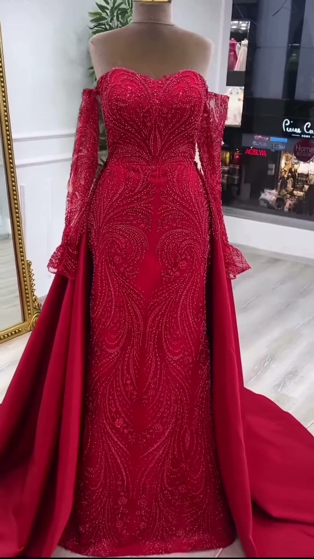 NIL 394 Red Mermaid Beaded Lace Engagement Dress - Image 6