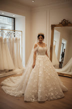 NIL White Ivory princess lace wedding dress with sweetheart neckline, cathedral train, front full view, P030 image 1